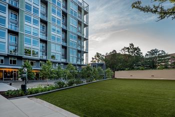 A grassy area with a large building